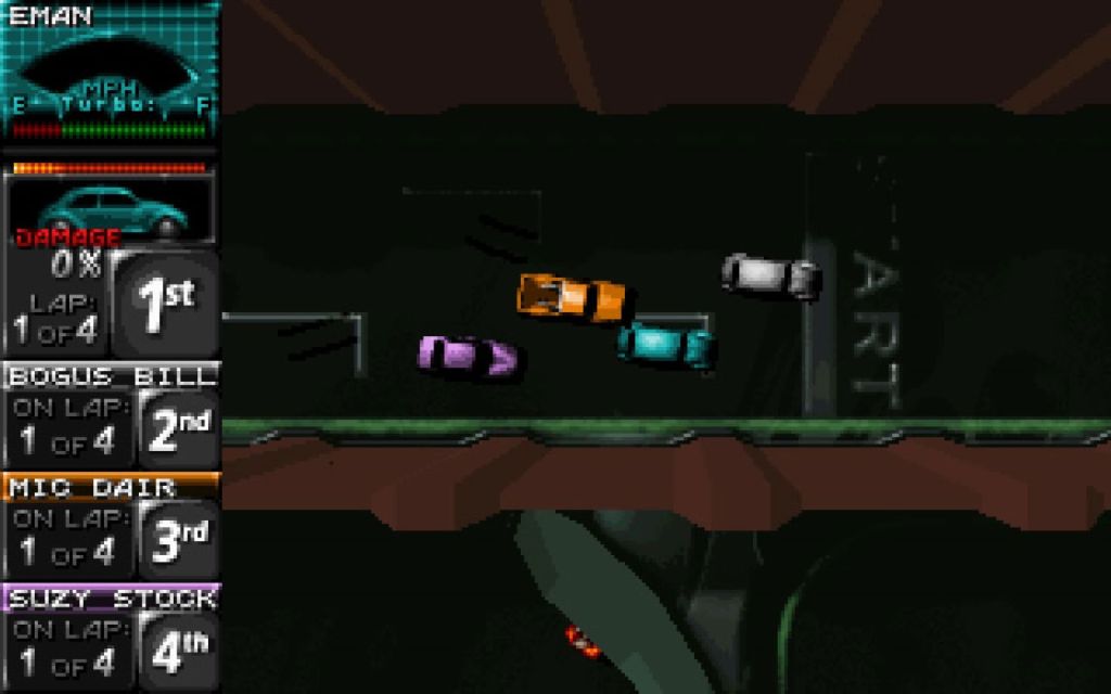 A screen shot from the video game Death Rally