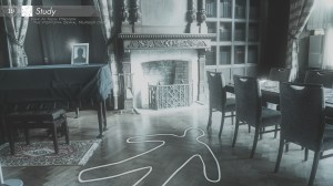 A picture of a black and white room, on the floor of which there is a chalk outline indicating the presence of a body.Elements in the background, including a photo, flash to indicate intractability.